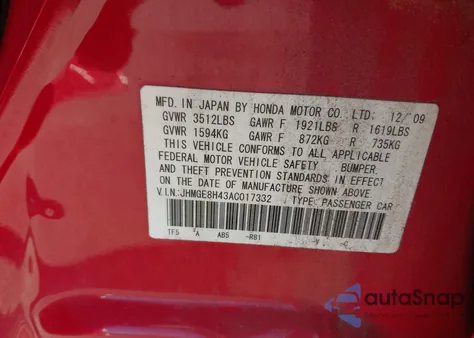 2010 Honda Fit Sport from USA, damaged, VIN JHMGE8H43AC017332
